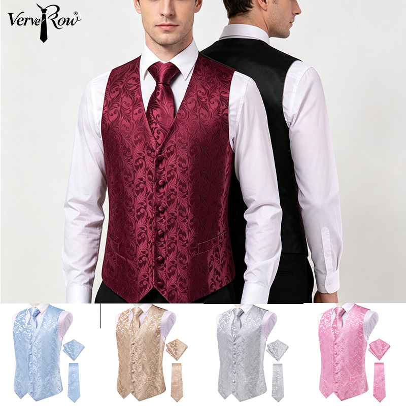 Men Formal Wear With Tie - VerveRow 남성용 버건디 플로럴 자카드 수트