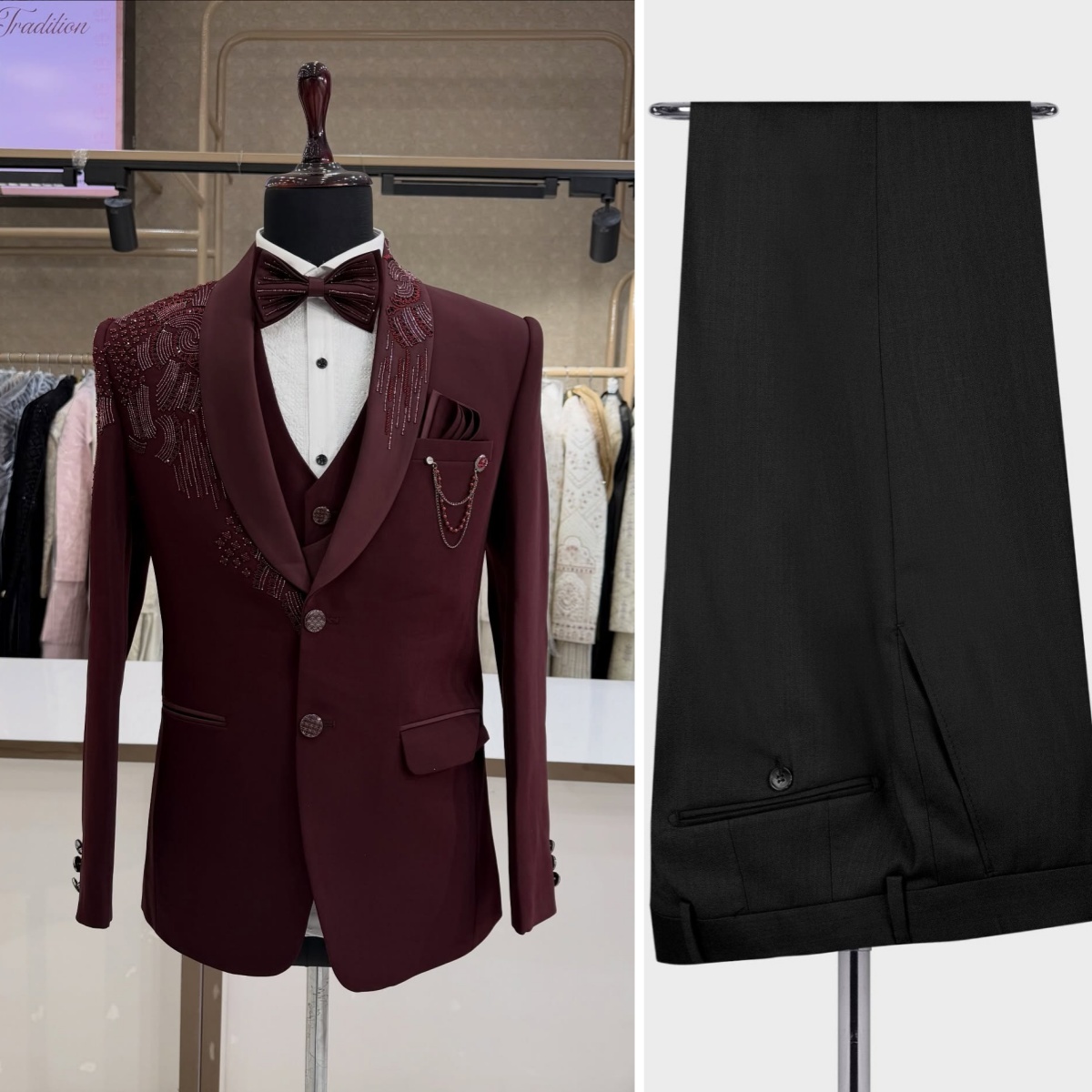 Men Formal Wear Modern - 3피스 신랑 예복 턱시도 비딩 크리스탈