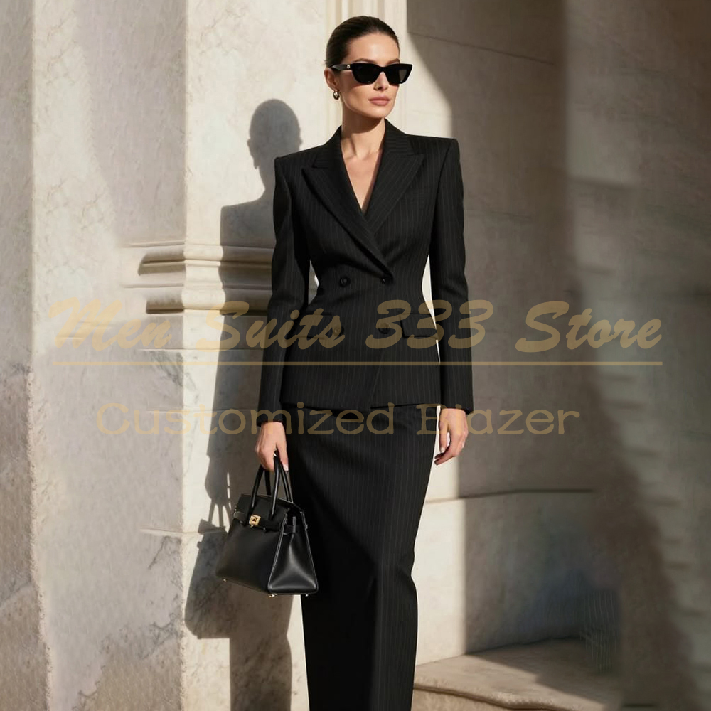 Men Formal Wear All Black - 디자이너 블랙 스트라이프 여성 정장 세트,