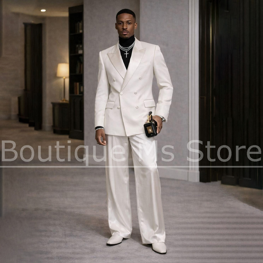 Men Formal Wear Modern - 남성용 화이트 새틴 수트 2피스 더블