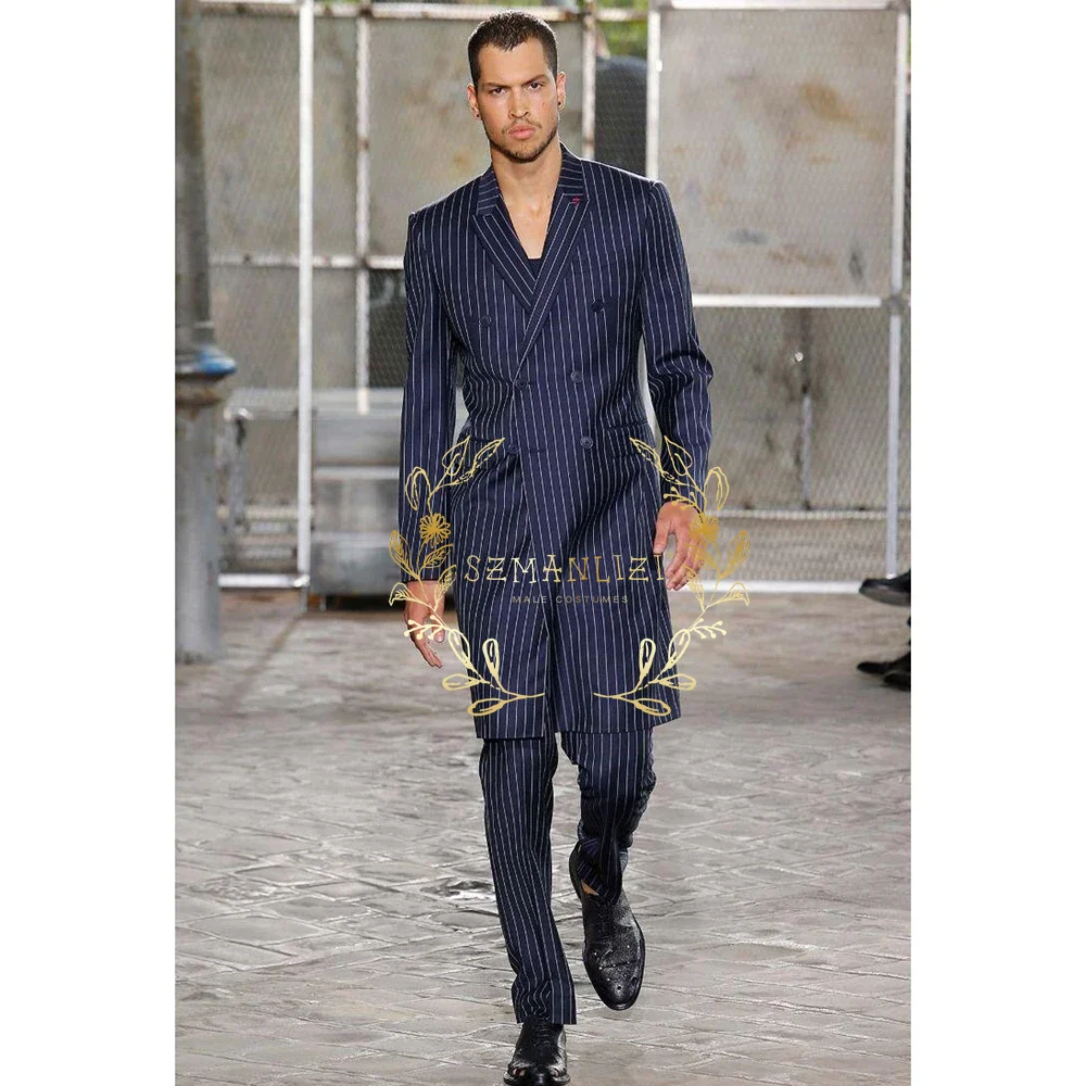 Men Formal Wear Modern - 남성 정장 투피스 네이비 블루 스트라이프
