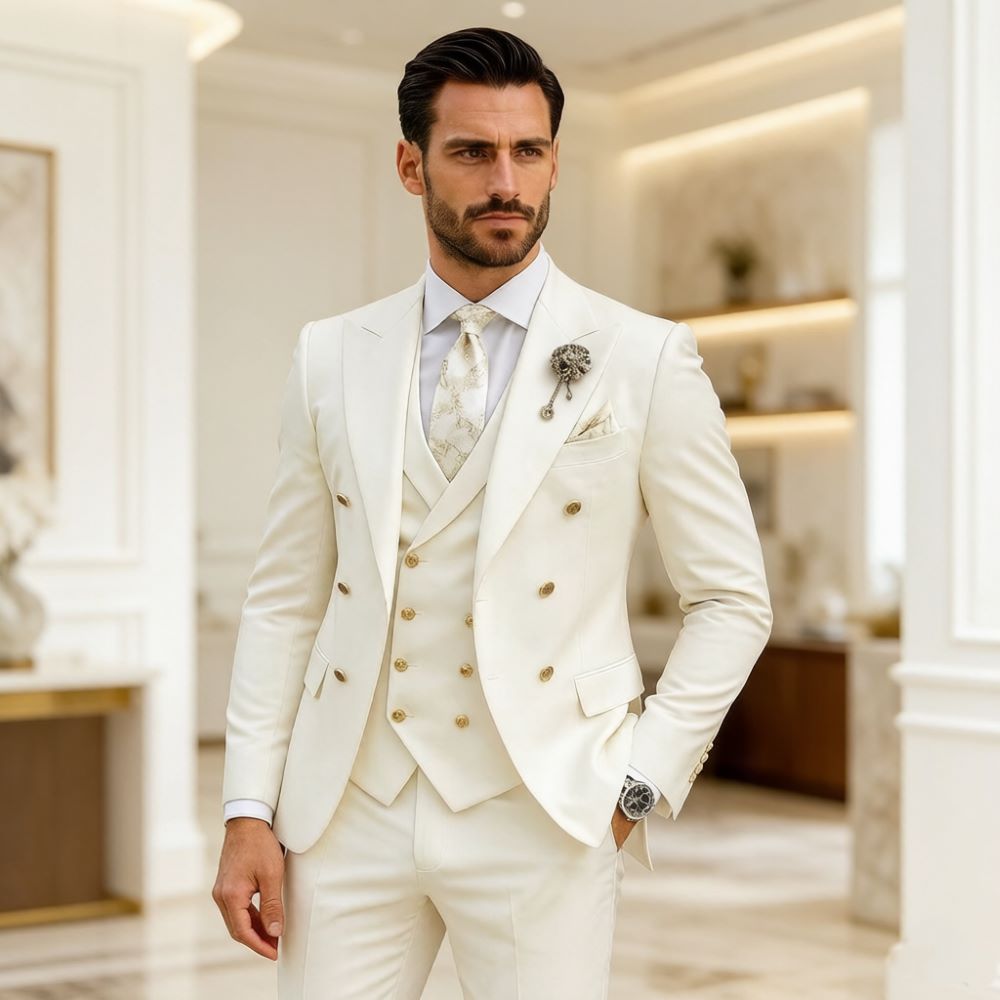 남성 아이보리 웨딩 수트 슬림핏 3피스 더블 브레스티드 - Men Formal Wear Modern 리뷰 및 가격
