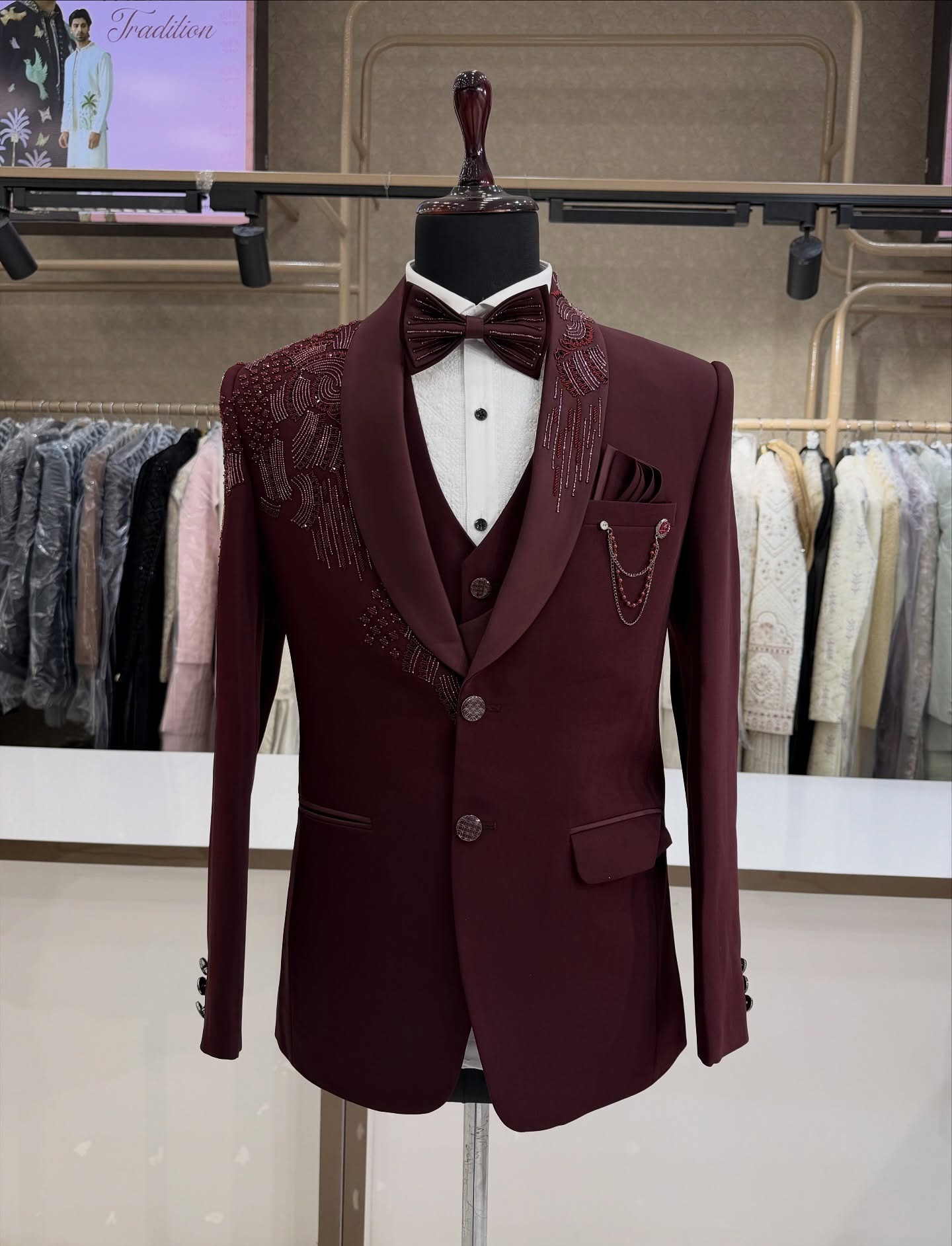 3피스 신랑 예복 턱시도 비딩 크리스탈 정장 남성 레드 - Men Formal Wear Modern 리뷰 및 가격