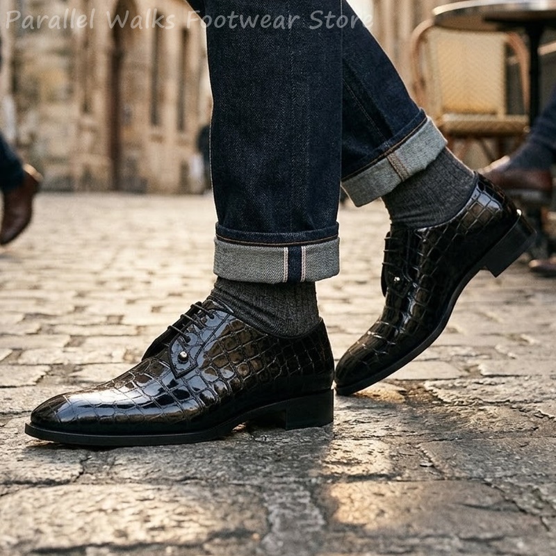 남성용 에나멜 가죽 옥스퍼드 슈즈, 악어 무늬 레이스업 - Patent Leather Oxford 리뷰 및 가격