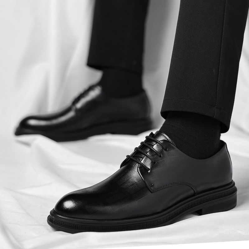 남성용 블랙 텍스처드 가죽 포인티드 토 레이스업 더비  - Men Formal Wear All Black 리뷰 및 가격