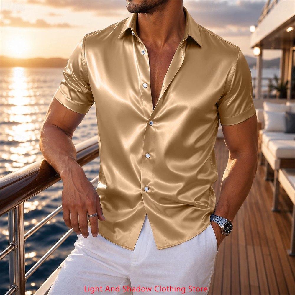 남성용 새틴 반팔 셔츠 고급스러운 광택 포멀 버튼업 셔 - Men Formal Party Wear Dress 리뷰 및 가격