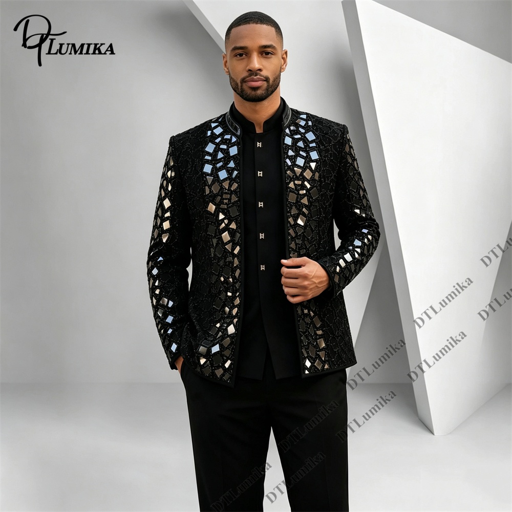 남성용 블랙 만다린 칼라 수트, 미러 모자이크 라인스톤 - Formal Wear For Men Black Suit 리뷰 및 가격