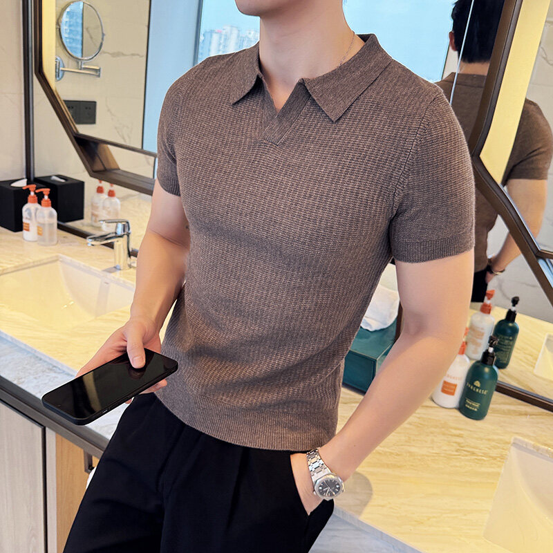 남성용 슬림핏 폴로 칼라 자카드 니트 스웨터 - 베이지 - Men Formal Wear Modern 리뷰 및 가격
