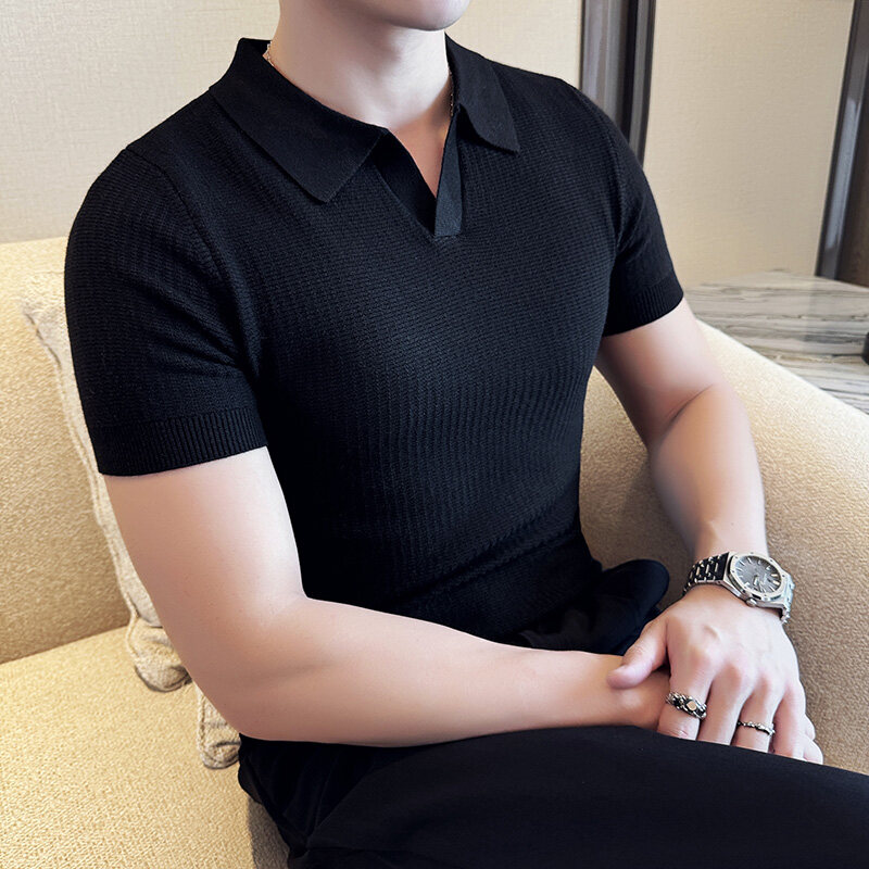 남성용 슬림핏 폴로 칼라 자카드 니트 스웨터 - 베이지 - Men Formal Wear Modern 리뷰 및 가격