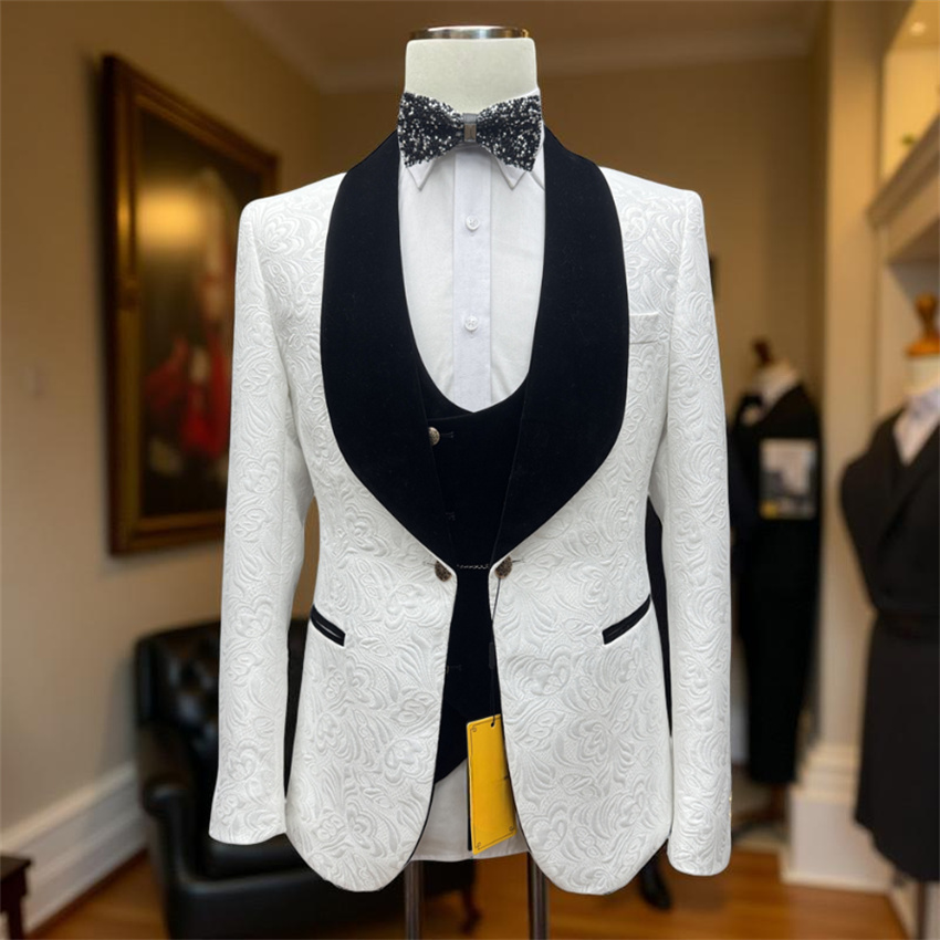 웨딩용 플로럴 그룸 턱시도 3피스 블랙 숄 라펠 정장  - Formal Wear For Men Black Suit 리뷰 및 가격