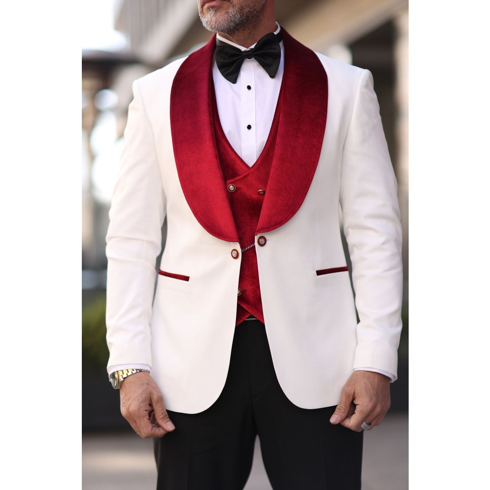 레드 화이트 남성 웨딩 턱시도 벨벳 숄 라펠 남성 턱시 - Men Formal Wear Modern 리뷰 및 가격